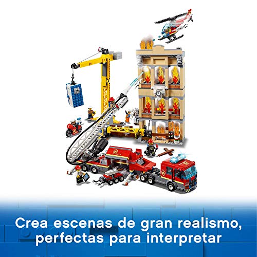 LEGO 60216 City Brigada de Bomberos del Distrito Centro, Camión, Grúa, Moto Helicóptero y 7 Mini Figuras, Juguetes para Niños