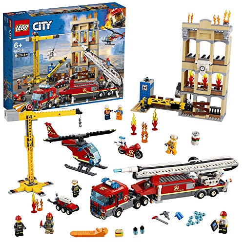 LEGO 60216 City Brigada de Bomberos del Distrito Centro, Camión, Grúa, Moto Helicóptero y 7 Mini Figuras, Juguetes para Niños