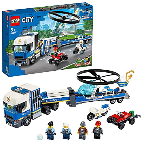 LEGO 60244 City Policía: Camión de Transporte del Helicóptero, Set de Construcción para Niños +5 años