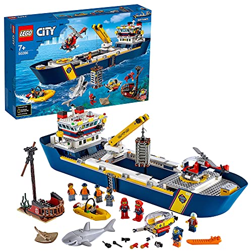 LEGO 60266 City Océano: Buque de Exploración Juguete de Construcción Flotante con 8 Mini Figuras, Tiburón y Raya Venenosa