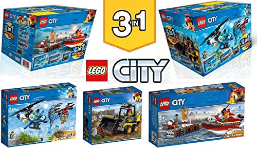 LEGO City 3 en 1 paquete triple 66643 – Sky Police Drone Chase 60207 + Dock Side Fire Boat 60213 + cargador de construcción 60219.