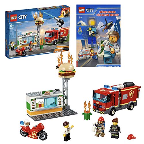 Lego City 60214 - Figura de bomberos en restaurante de hamburguesas y juego de rompecabezas Lego City para pequeños ayudantes