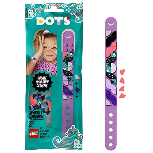 LEGO DOTS - Pulsera unicornio estelar, pulsera de juguete creativa, juego para diseñar pulseras, recomendado a partir de 6 años, brazalete color morado con piezas decorativas (41902)