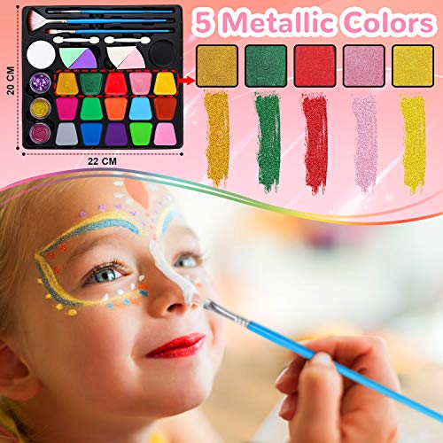 lenbest 17 Colores Pinturas Cara, Pintura Facial con 1 Libro Tutorial de Pintura Facial, 256 Pegatinas de Diamantes de Imitación, 3 Colores Brillos, Maquillaje al Agua para Halloween/Fiestas ect