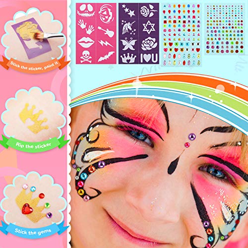 lenbest 17 Colores Pinturas Cara, Pintura Facial con 1 Libro Tutorial de Pintura Facial, 256 Pegatinas de Diamantes de Imitación, 3 Colores Brillos, Maquillaje al Agua para Halloween/Fiestas ect