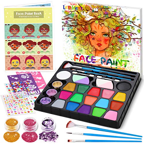 lenbest 17 Colores Pinturas Cara, Pintura Facial con 1 Libro Tutorial de Pintura Facial, 256 Pegatinas de Diamantes de Imitación, 3 Colores Brillos, Maquillaje al Agua para Halloween/Fiestas ect