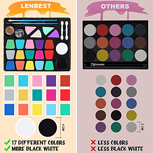 lenbest Set de Pintura Cara Infantil, Pintura Facial 17 Colores, Mayor Capacidad Blanco y Negro, con 1 Folleto Tutorial Pintado, 28 Plantillas y 4 Pinceles, 2 Brillos, para Fiestas/Carnaval/Halloween