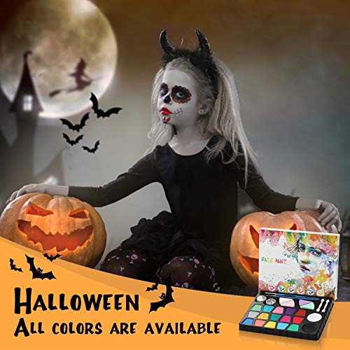 lenbest Set de Pintura Cara Infantil, Pintura Facial 17 Colores, Mayor Capacidad Blanco y Negro, con 1 Folleto Tutorial Pintado, 28 Plantillas y 4 Pinceles, 2 Brillos, para Fiestas/Carnaval/Halloween