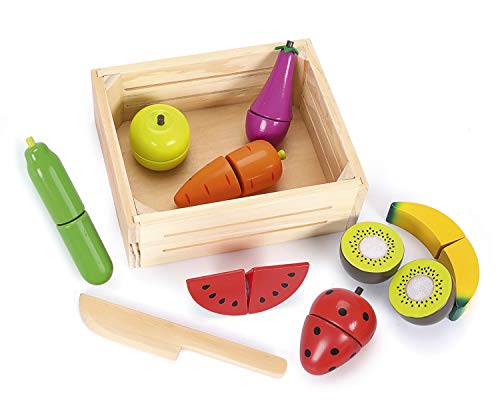 leomark Alimentos Juguetes para niños - 4 en 1 - Juego de imaginación Comida con 4 Caja de Madera, Cortar Frutas y Verduras, Multicolor