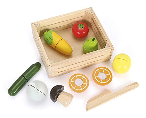 leomark Alimentos Juguetes para niños - 4 en 1 - Juego de imaginación Comida con 4 Caja de Madera, Cortar Frutas y Verduras, Multicolor