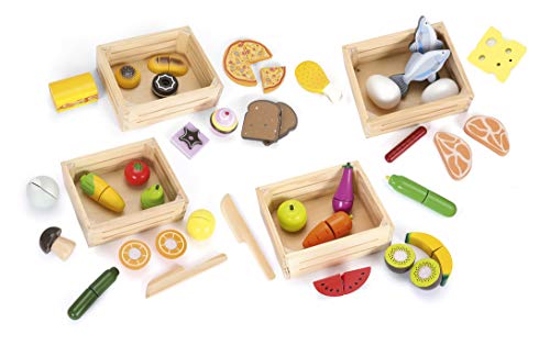 leomark Alimentos Juguetes para niños - 4 en 1 - Juego de imaginación Comida con 4 Caja de Madera, Cortar Frutas y Verduras, Multicolor