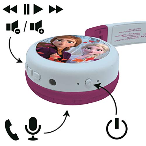 LEXIBOOK- Auriculares Bluetooth 2 en 1 Frozen Disney Elsa Anna Olaf-Estéreo inalámbrico, Seguro niñas, Plegable, Ajustable, Azul/Morado, Color, (China)