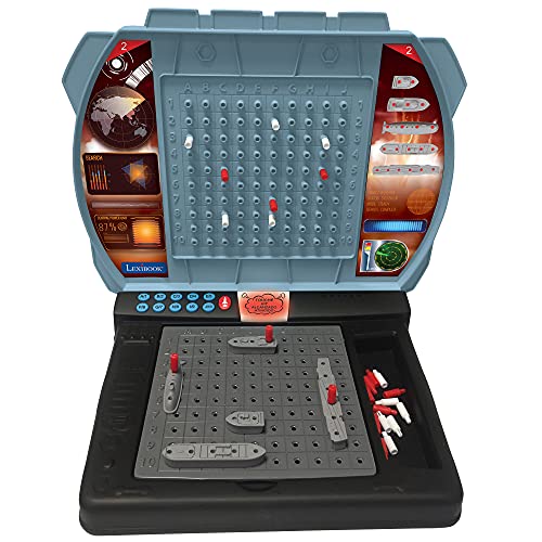 LEXIBOOK- Batalla Naval Parlante (Francés Inglés Español Portugués), Juego de Tablero electrónico 1 o 2 Jugadores, Interactivo, Efectos de luz y de Sonido, Estrategia, con Pilas, Gris/Negro