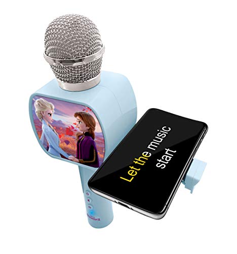 LEXIBOOK- Disney Frozen 2 Elsa Anna Olaf Micrófono Bluetooth con función de Modificador de Voz, Soporte para teléfono retráctil, Altavoz Integrado, Azul