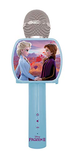 LEXIBOOK- Disney Frozen 2 Elsa Anna Olaf Micrófono Bluetooth con función de Modificador de Voz, Soporte para teléfono retráctil, Altavoz Integrado, Azul