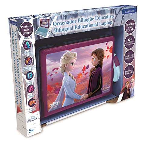 LEXIBOOK- Disney Frozen 2 - Ordenador portátil Educativo y bilingüe español/inglés - Juguete para niñas con 124 Actividades para Aprender, Juegos y música con Elsa y Anna - Azul/Púrpura