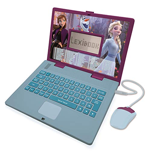 LEXIBOOK- Disney Frozen 2 - Ordenador portátil Educativo y bilingüe español/inglés - Juguete para niñas con 124 Actividades para Aprender, Juegos y música con Elsa y Anna - Azul/Púrpura