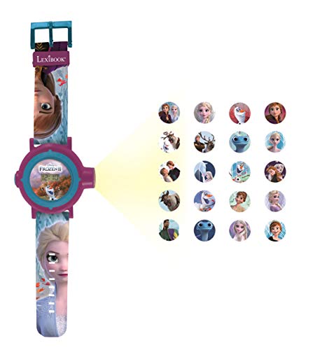 LEXIBOOK- Disney Frozen 2 Reloj Correa Ajustable Pantalla Digital con 20 proyecciones de Elsa, Anna y Olaf Niñas-Azul y Morado