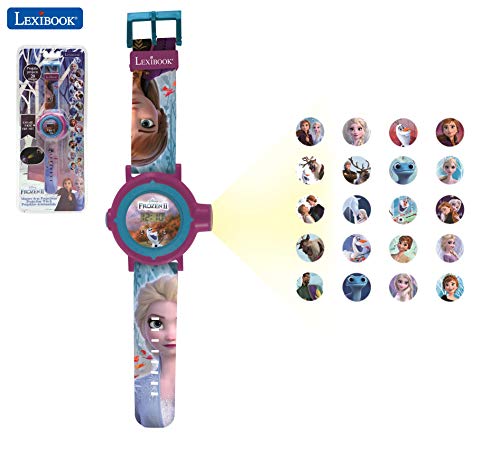 LEXIBOOK- Disney Frozen 2 Reloj Correa Ajustable Pantalla Digital con 20 proyecciones de Elsa, Anna y Olaf Niñas-Azul y Morado