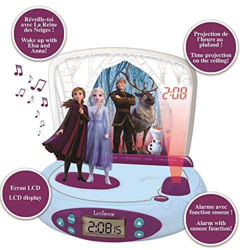 LEXIBOOK Disney Frozen 2-Reloj Despertador con Proyección de la Hora, en el Techo, Efectos de Sonido, RP510FZ, Color