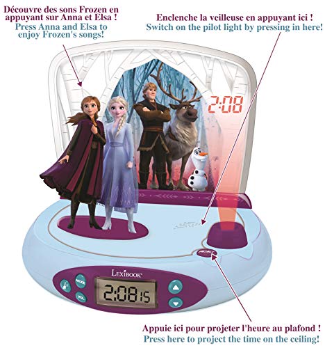 LEXIBOOK Disney Frozen 2-Reloj Despertador con Proyección de la Hora, en el Techo, Efectos de Sonido, RP510FZ, Color