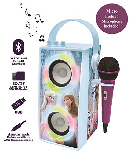 LEXIBOOK- Disney Frozen-Altavoz portátil Bluetooth micrófono, Efectos de luz, Karaoke, inalámbrico, USB, Tarjeta SD, batería Recargable, Azul