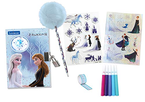 LEXIBOOK Frozen 2 Electrónico Diario Secreto con Accesorios, Efectos de luz, candado y Llave, Pegatinas, bolígrafo con Borla, Azul/Violeta