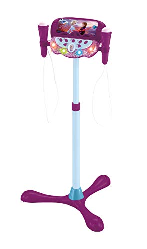 LEXIBOOK- Frozen Altavoz pie para niños, Juguete Musical, Altura Regulable, Efectos Luminosos, 2 microfónos incluidos, mp3, Enchufe Cable de Entrada Auxiliar, Violeta/Azul