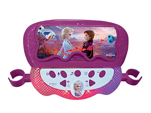 LEXIBOOK- Frozen Altavoz pie para niños, Juguete Musical, Altura Regulable, Efectos Luminosos, 2 microfónos incluidos, mp3, Enchufe Cable de Entrada Auxiliar, Violeta/Azul