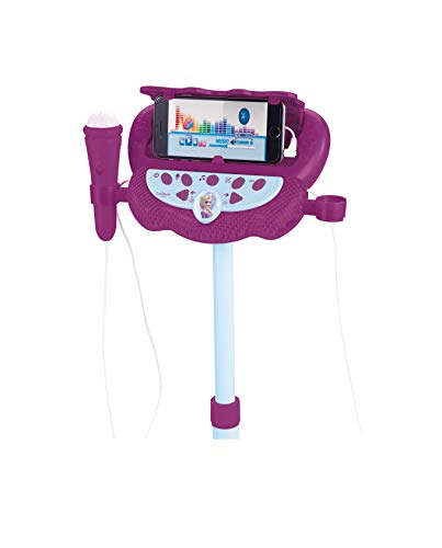 LEXIBOOK- Frozen Altavoz pie para niños, Juguete Musical, Altura Regulable, Efectos Luminosos, 2 microfónos incluidos, mp3, Enchufe Cable de Entrada Auxiliar, Violeta/Azul