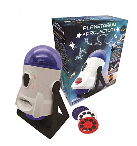 LEXIBOOK- Planetarium Proyector 1, 24 imágenes para Descubrir el Espacio, 2 bóvedas de Constelaciones, Stem, Blanco/Azul, Color nlj180