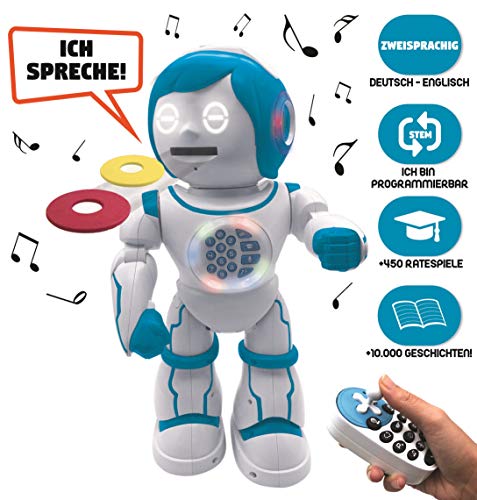 LEXIBOOK- Powerman Kid – Robot Educativo y bilingüe alemán/inglés – Juguete Que Habla y Canta Bailando – Stem programable para Contar Historias