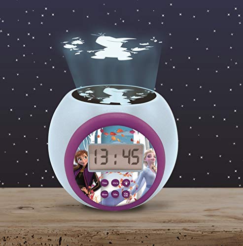 LEXIBOOK Reloj Despertador con proyector Disney Frozen 2 Anna Elsa con función de repetición y Alarma, luz Nocturna con Temporizador, Pantalla LCD, batería, Azul/púrpura, Color