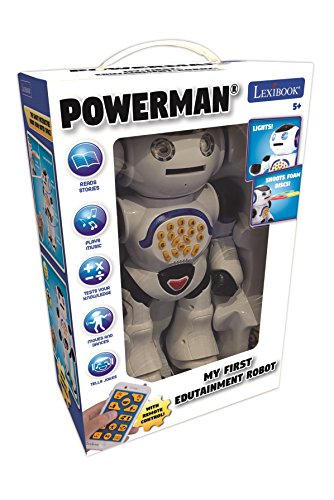 Lexibook ROB50EN Powerman - Robot de juguete con control remoto para caminar y hablar, danzas, canta, lee historias, cuestionario de matemáticas, discos de disparo y sonido de voz, blanco/negro