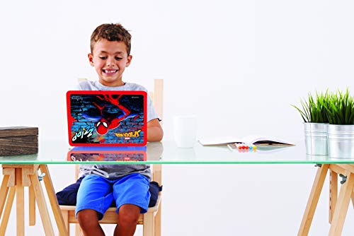 LEXIBOOK Spider-Man-Ordenador portátil Educativo y bilingüe español/inglés-Juguete para niños con 124 Actividades para Aprender, Juegos y música-Azul/Rojo