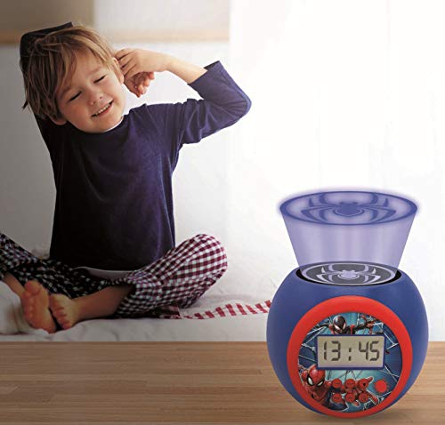 LEXIBOOK- Spider-Man Reloj Despertador con proyector Spiderman Marvel con función de repetición y Alarma, luz Nocturna con Temporizador, Pantalla LCD, batería, Azul/Rojo, RL977SP, Color