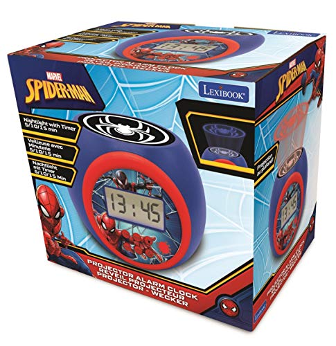 LEXIBOOK- Spider-Man Reloj Despertador con proyector Spiderman Marvel con función de repetición y Alarma, luz Nocturna con Temporizador, Pantalla LCD, batería, Azul/Rojo, RL977SP, Color