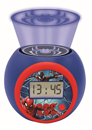 LEXIBOOK- Spider-Man Reloj Despertador con proyector Spiderman Marvel con función de repetición y Alarma, luz Nocturna con Temporizador, Pantalla LCD, batería, Azul/Rojo, RL977SP, Color