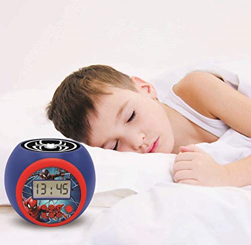 LEXIBOOK- Spider-Man Reloj Despertador con proyector Spiderman Marvel con función de repetición y Alarma, luz Nocturna con Temporizador, Pantalla LCD, batería, Azul/Rojo, RL977SP, Color