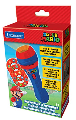 LEXIBOOK- Super Brothers Mario Nintendo Linterna de Bolsillo con proyector 3 Discos and 24 imágenes, Juego para Niños, Azul/Rojo