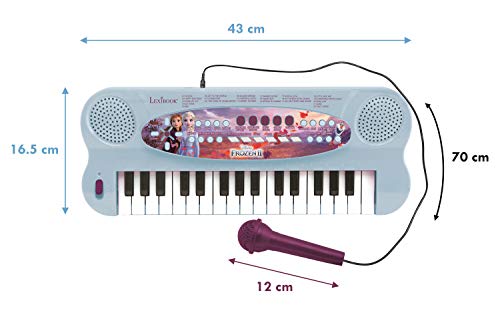 LEXIBOOK Teclado electrónico Frozen 2 Elsa Anna Olaf, piano de 32 teclas, Micrófono para cantar, 22 canciones de demostración, operado con batería, Azul Púrpura (K703FZ_50)