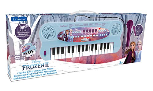 LEXIBOOK Teclado electrónico Frozen 2 Elsa Anna Olaf, piano de 32 teclas, Micrófono para cantar, 22 canciones de demostración, operado con batería, Azul Púrpura (K703FZ_50)