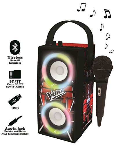 LEXIBOOK- The Voice La Voz-Altavoz portátil Bluetooth micrófono, Efectos de luz, Karaoke, inalámbrico, USB, Tarjeta SD, batería Recargable, Negro/Rojo BTP180TVZ