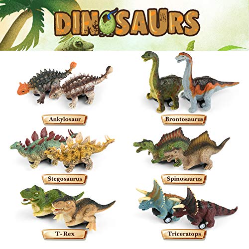 LIHAO 12 Coches Juguetes de Dinosaurios con Huevos Mini Coche de Carreras Juegos Vehículos Dinosaurios Realistas Juguetes Regalo para Niños 3 4 5 6 Años