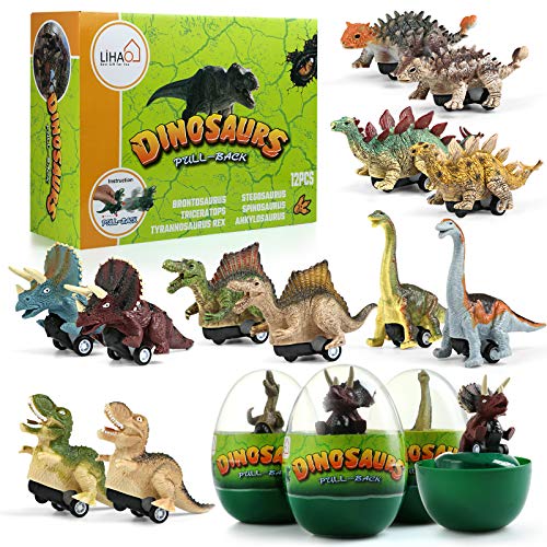 LIHAO 12 Coches Juguetes de Dinosaurios con Huevos Mini Coche de Carreras Juegos Vehículos Dinosaurios Realistas Juguetes Regalo para Niños 3 4 5 6 Años