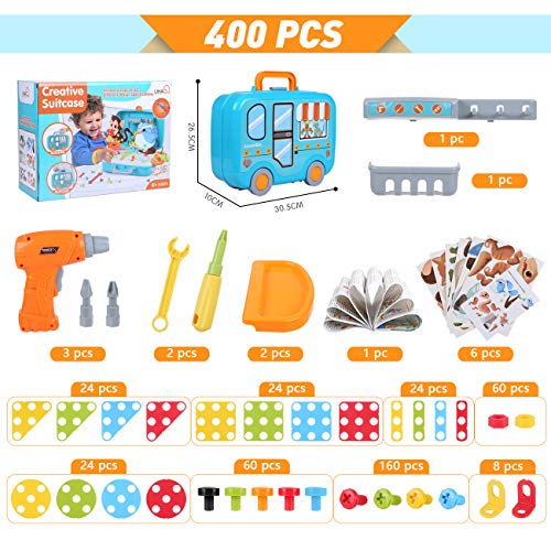 LIHAO 400 Piezas Juguetes Construcción Puzzles 3D Mosaicos para Niños - Juguetes Montessori Rompecabezas Infantil de Tornillos, Pack de Juguetes con Taladro Eléctrico Caja con Ruedas Portátil