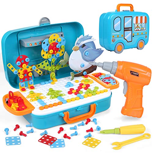 LIHAO 400 Piezas Juguetes Construcción Puzzles 3D Mosaicos para Niños - Juguetes Montessori Rompecabezas Infantil de Tornillos, Pack de Juguetes con Taladro Eléctrico Caja con Ruedas Portátil