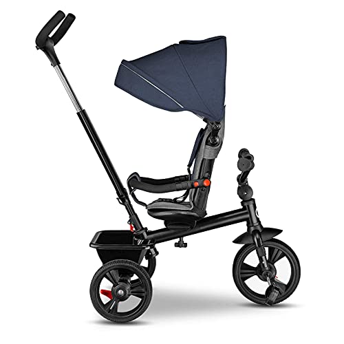 LIONELO Haari Bicicleta 2 en 1 Menores hasta 25 kg 1,5-5 años Triciclo- carrito Cesta espaciosa, bolsa y portavasos Cinturones de 3 puntos con fundas Toldo Reposapiés Jeans