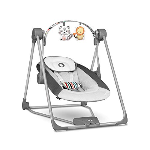 LIONELO Otto Columpio portátil para bebés hasta 9 kg, 5 velocidades de balanceo, Facilita el sueño, Fácil montaje, Arco de juguetes interactivos ajustable Gris