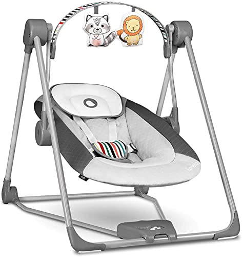 LIONELO Otto Columpio portátil para bebés hasta 9 kg, 5 velocidades de balanceo, Facilita el sueño, Fácil montaje, Arco de juguetes interactivos ajustable Gris